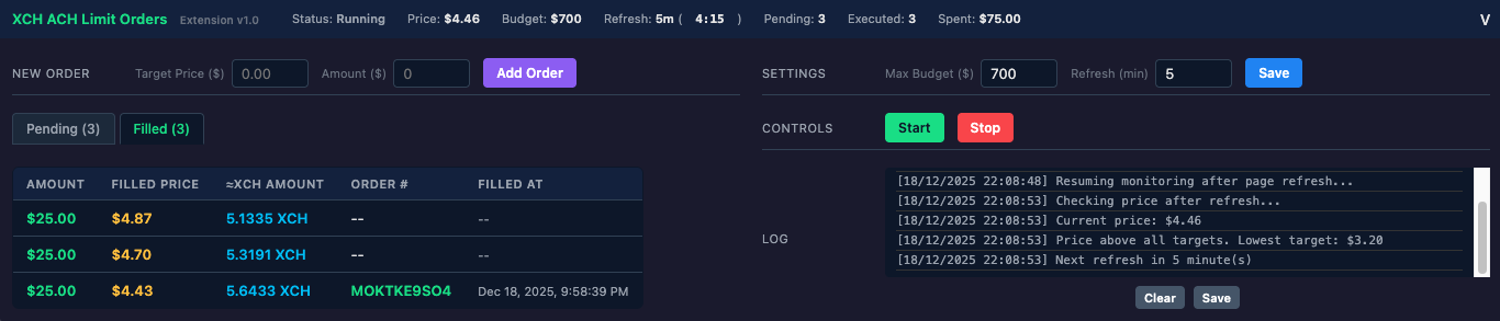 Filled orders view showing completed purchases with order details