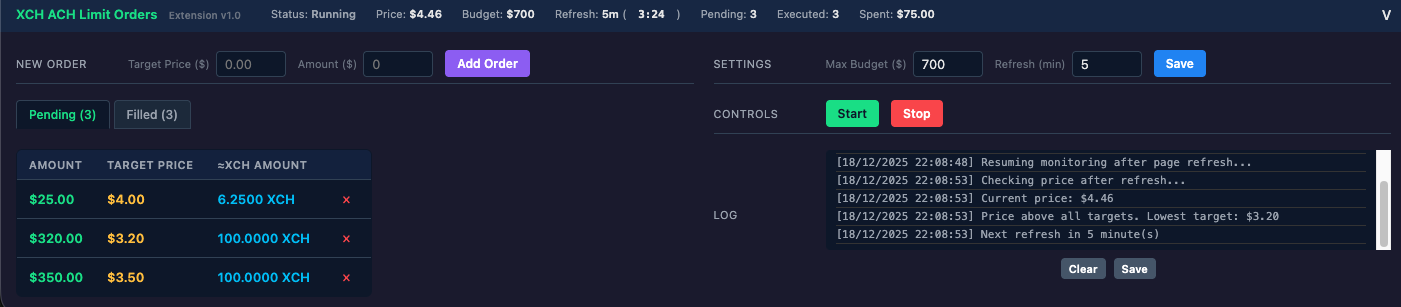 Pending orders view showing three limit orders waiting to be filled